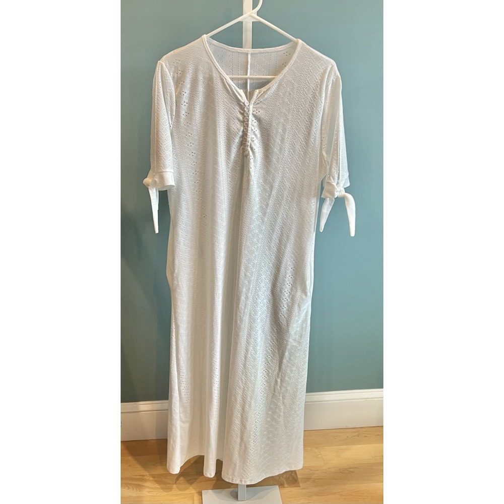 Women's Dress white eyelet knit‎ cotton blend L pockets vacation Casual Cottage
